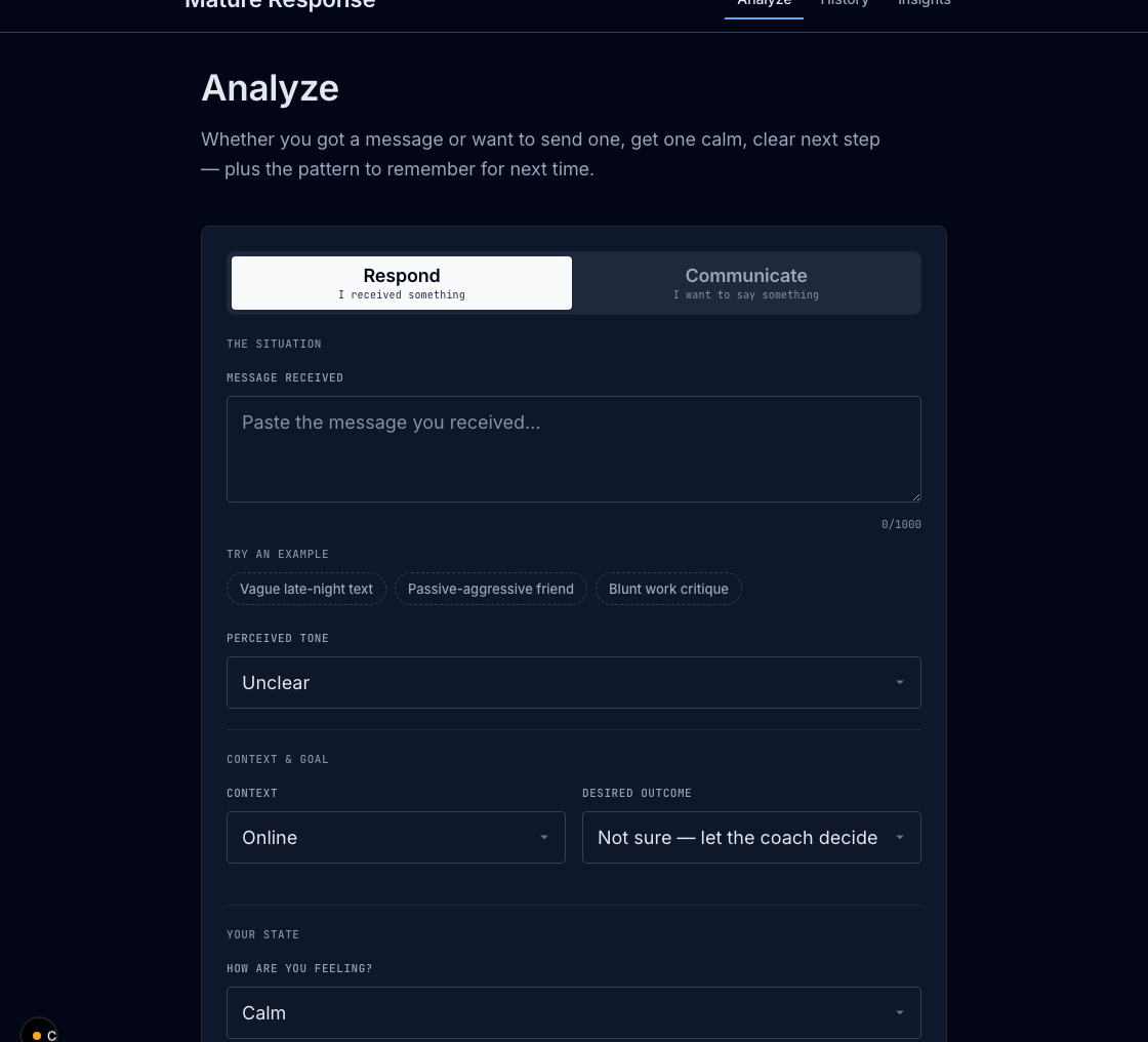 Mature Response analyze screen with local communication-coaching controls.