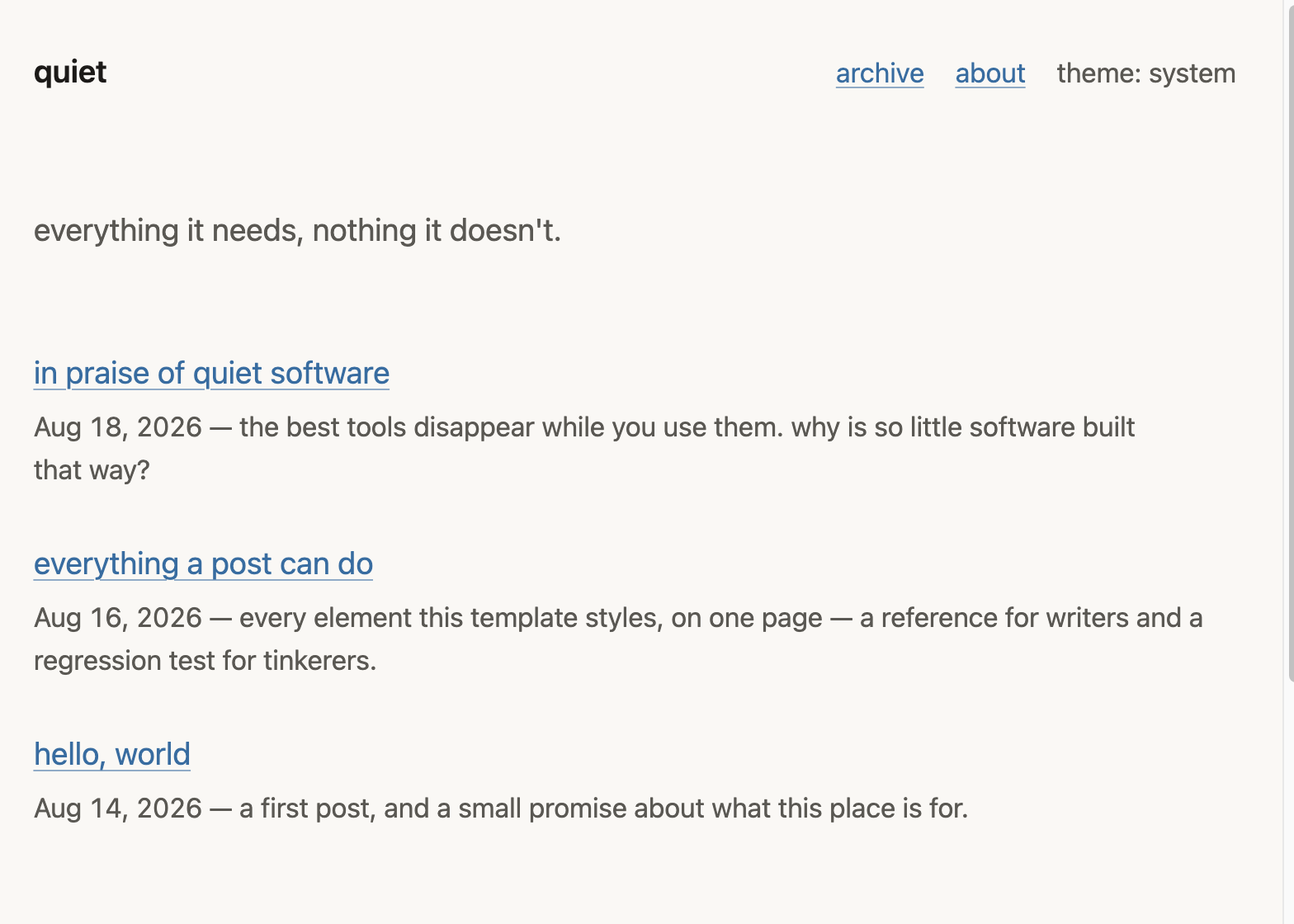 Light theme of the quiet Jekyll writing template, showing its archive and post list.